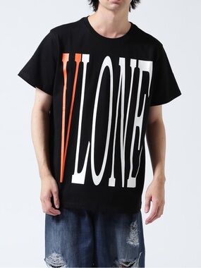 VLONE Black Tee with Orange V and White Logo